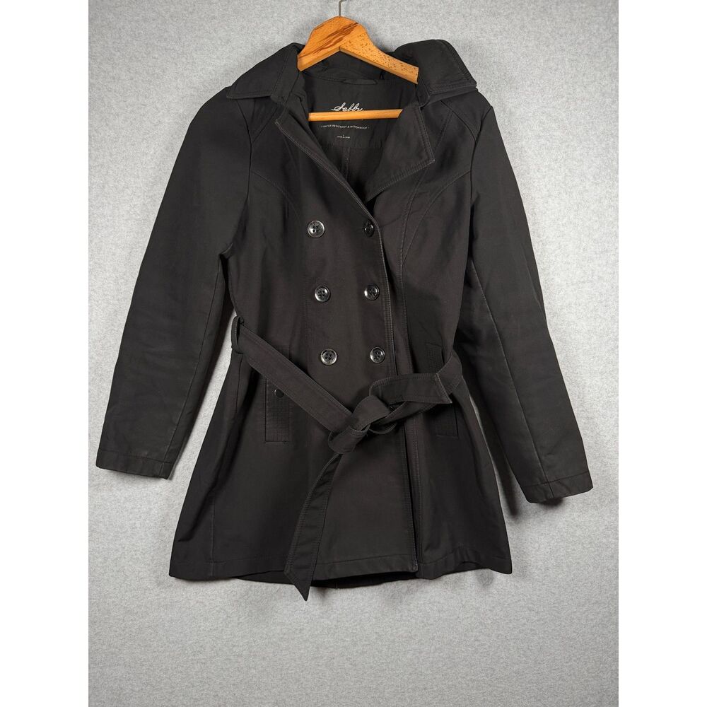 Sebby Black Softshell Trench Coat Hooded Belted Women’s Large L Bin E